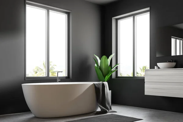 Corner Scandinavian Bathroom Gray Walls Concrete Floor Large Windows White — Stock Photo, Image