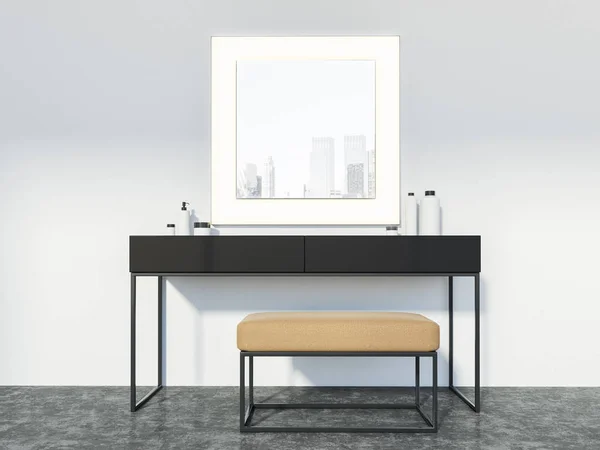 Makeup table with a narrow soft chair, and a large square mirror, bottles and creams standing on it. Living room or bedroom interior. 3d rendering
