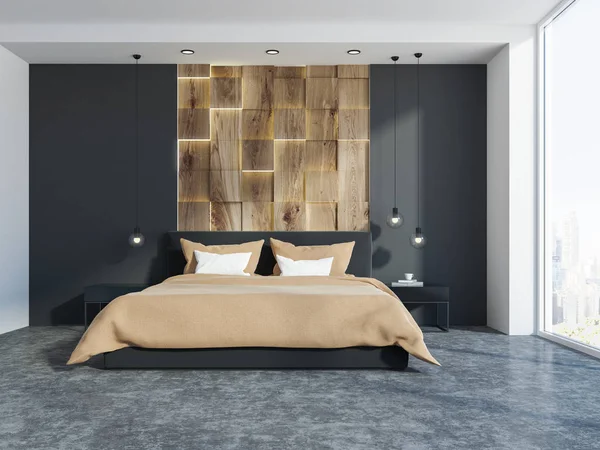 主卧室内部有木质和灰色的墙壁 一层混凝土地板和一张大窗户附近的双人床 渲染模拟 — 图库照片