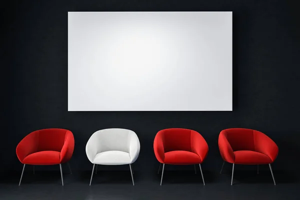 黒い壁と床 赤い椅子の行と会社の待合室 つの白い椅子 モックアップ水平ポスター 芸術的な雰囲気 独創性の概念 レンダリング — ストック写真