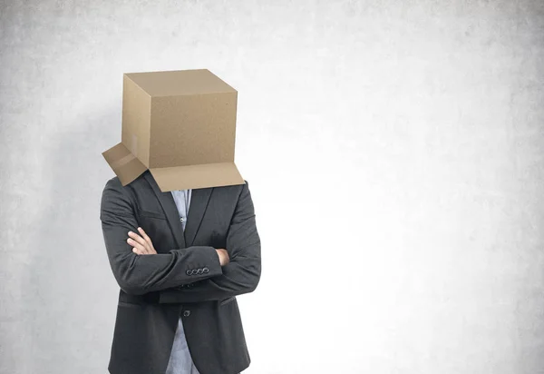 Portrait Young Businessman Wearing Dark Suit Standing Crossed Arms Box — Stock Photo, Image