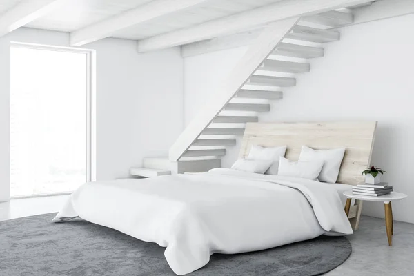 Interior Del Dormitorio Estilo Escandinavo Con Paredes Blancas Escaleras Una — Foto de Stock