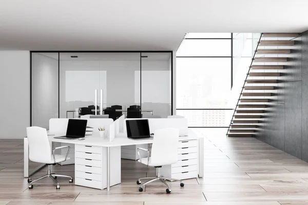 콘크리트와 사무실 인테리어 컴퓨터 테이블 렌더링을 — 스톡 사진