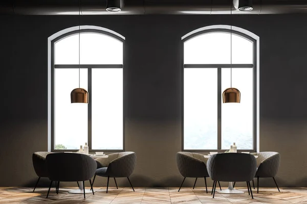 Modern Restaurant Interior Gray Walls Arched Windows Wooden Floor Tables — Stock Photo, Image