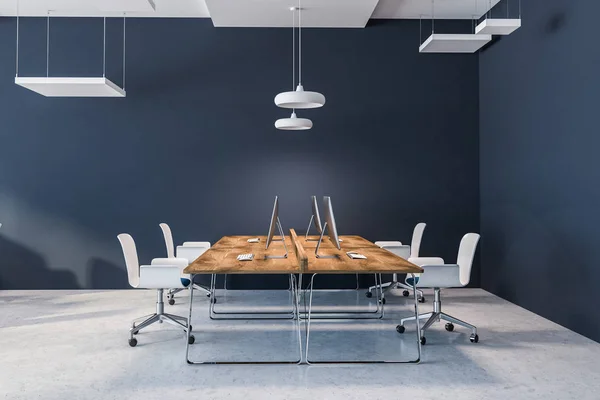 Open Ruimte Kantoor Interieur Met Donker Blauwe Muren Een Betonnen — Stockfoto