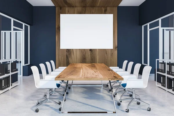 Cyan office conference room interior with a concrete floor, a long wooden table and white chairs. 3d rendering Horizontal mock up poster on a wooden wall