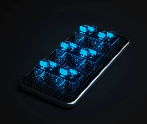 Gloeiende Blauwe Hologram Een Kantoor Computer Klasse Een Zwarte Smartphone — Stockfoto