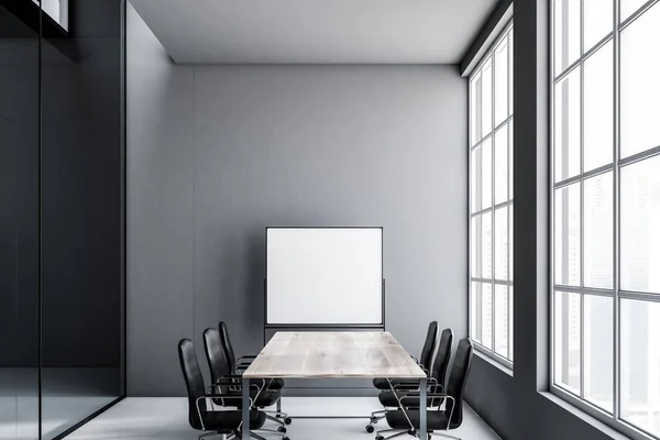 Conferentie Kamer Interieur Met Grijze Muren Een Lange Houten Tuinset — Stockfoto