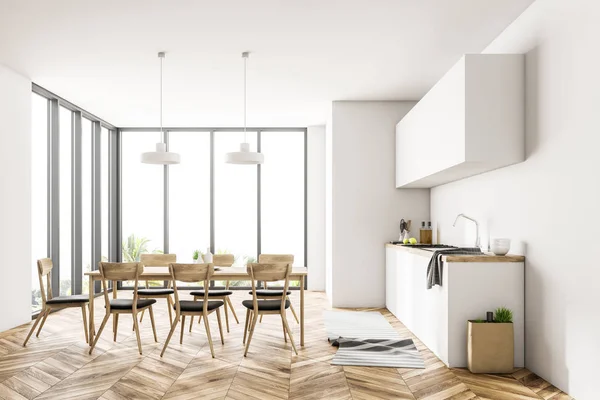 餐厅和厨房内饰有白色的墙壁 一层木地板 一张长桌子 椅子和白色的台面 渲染模拟 — 图库照片