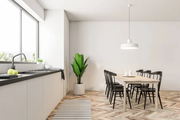 Sala Jantar Moderna Cozinha Interior Com Paredes Brancas Uma Grande — Fotografia de Stock