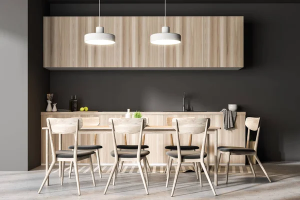 Dining Room Kitchen Interior Gray Walls Concrete Floor Long Table — Stock Photo, Image