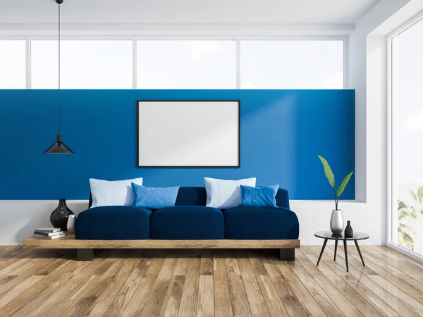 Interior Sala Estar Azul Com Piso Madeira Uma Janela Loft — Fotografia de Stock