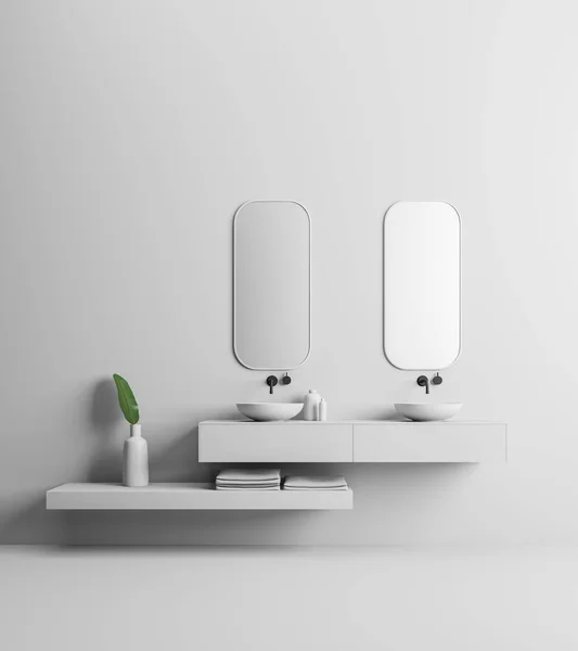 Two Elegant Bathroom Sinks Standing White Shelf Two Vertical Mirrors — Stock Photo, Image