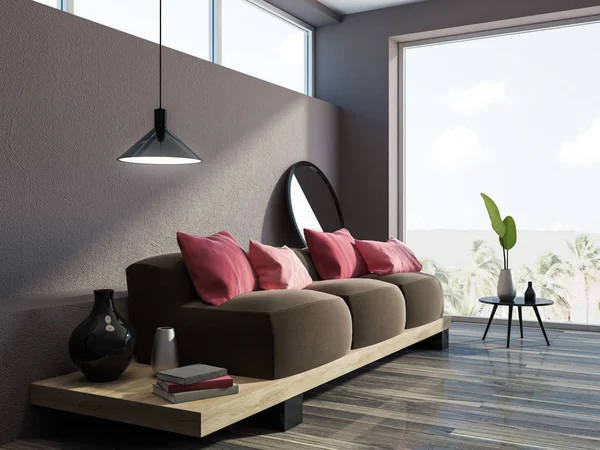 Seitenansicht Einer Braunen Wohnzimmerecke Mit Holzboden Einem Dachbodenfenster Und Einem — Stockfoto