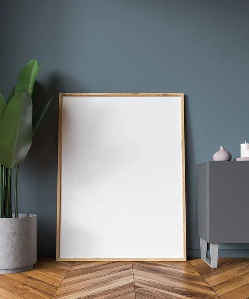 Holzrahmen Vertikal Poster Steht Auf Dem Holzboden Neben Einem Grauen — Stockfoto