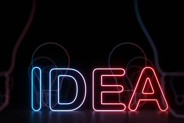 Glowing neon red and blue idea sign, two lightbulbs. Pitch black background. Concept of creative thinking and outside the box problem solving in life and business. 3d rendering mock up