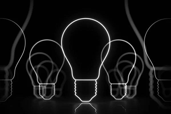 发光的霓虹灯白色灯泡标志 很多想法 黑色背景 创意思维和外框问题解决的生活和业务 渲染模拟 — 图库照片