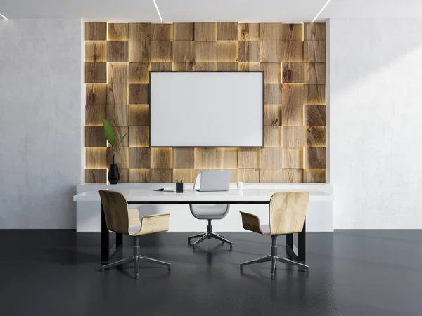 Innenraum Des Managerbüros Mit Weißen Wänden Originellen Hellen Holzwandlampen Einem — Stockfoto
