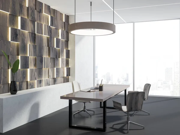 マネージャーの事務所 白い壁 オリジナル木製の壁ランプ テーブル つのゲストの椅子の側面図です レンダリングをモックアップします — ストック写真