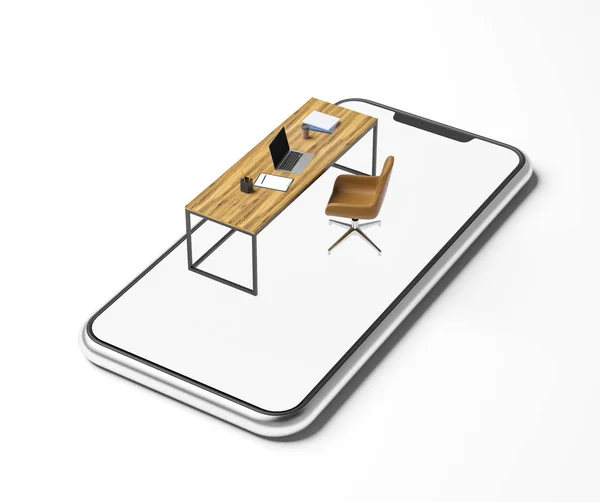 Model Menedżera Pakietu Office Komputera Drewniany Stół Krzesło Umieszczone Ekranie — Zdjęcie stockowe