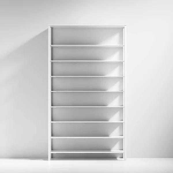 White cabinet with empty shelves standing in a white wall room. Concept of starting a business, a fresh start and knowledge. 3d rendering mock up