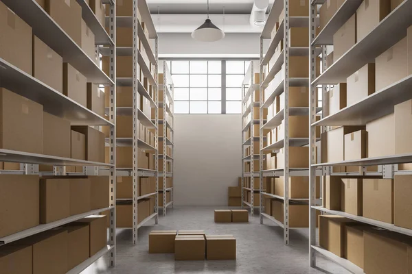 Interior of a modern warehouse with rows of shelves with cardboard boxes standing on them. Concept of logistics, international shipping and global trade. 3d rendering mock up