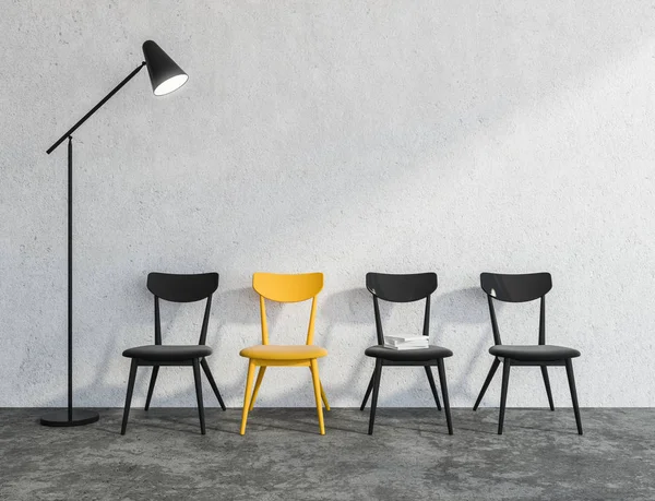Waiting room of a company with white walls, a concrete floor, and a row of black chairs. One yellow chair. A mock up wall. Artistic atmosphere. Originality concept. 3d rendering