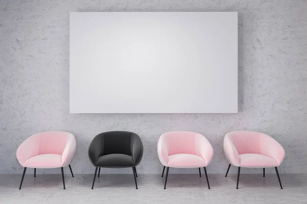 Waiting room of a company with concrete walls and floor, and a row of pink chairs. One black chair. A mock up horizontal poster. Artistic atmosphere. Originality concept. 3d rendering