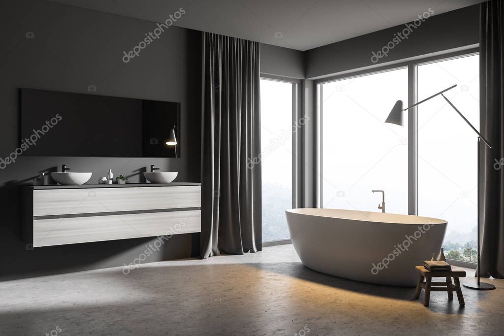 Stylish bathroom interior with panoramic windows, gray walls, a concrete floor, a double sink and a white bathtub. 3d rendering mock up