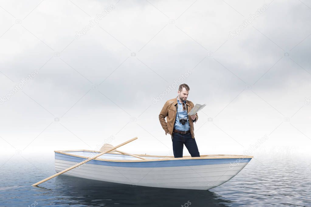 Lost young tourist man looking at a map standing on a rowing boat in the sea. Cloudy sky. Concept of losing your way in business and life. Challenging problem solving. 3d rendering mock up