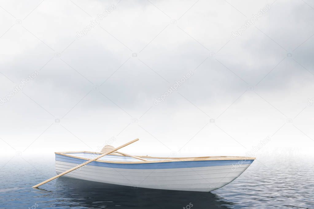 Single white and blue rowing boat in an open sea. Cloudy sky. Concept of losing your way in business and life. Challenging problem solving. 3d rendering mock up