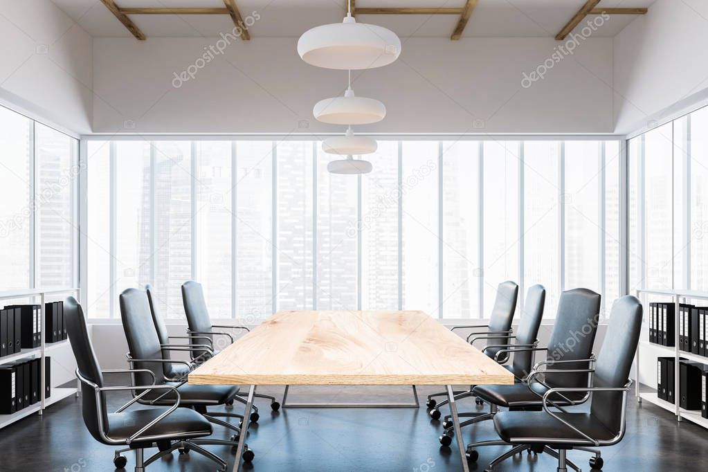 Panoramic conference room interior with white walls, a long wooden table and black chairs. Concept of communication and teamwork. 3d rendering mock up
