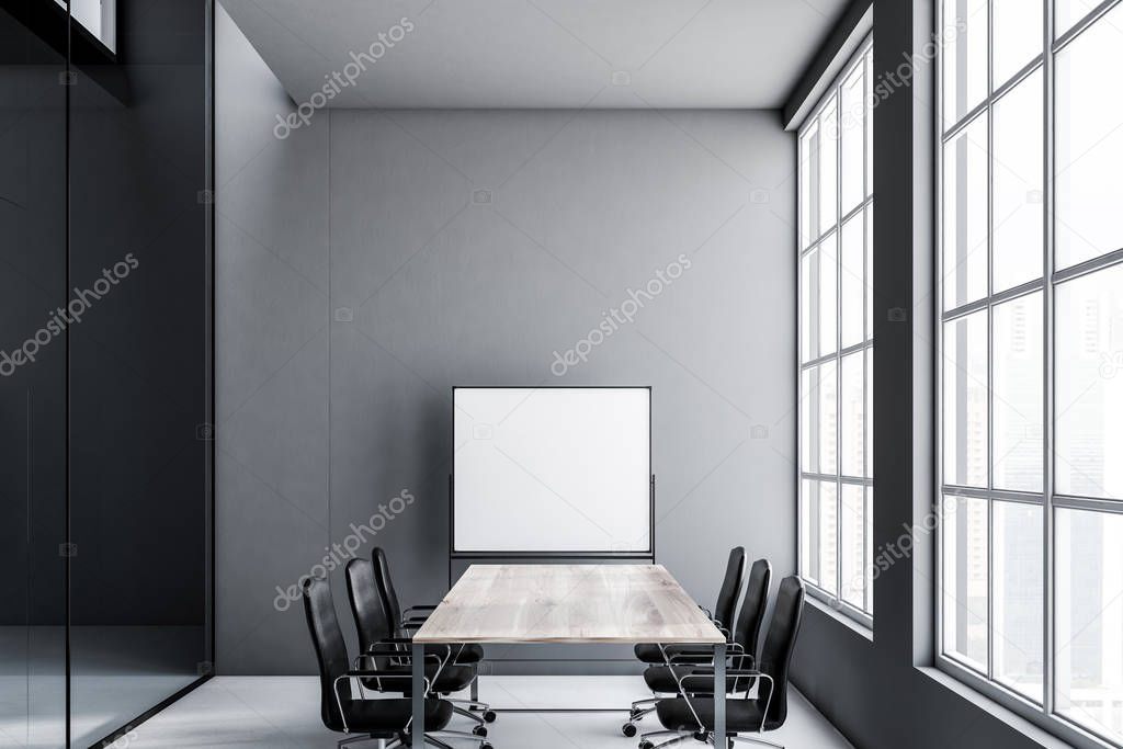 Conference room interior with gray walls, a long wooden table and black chairs. Square whitetboard. Concept of communication and teamwork. 3d rendering mock up
