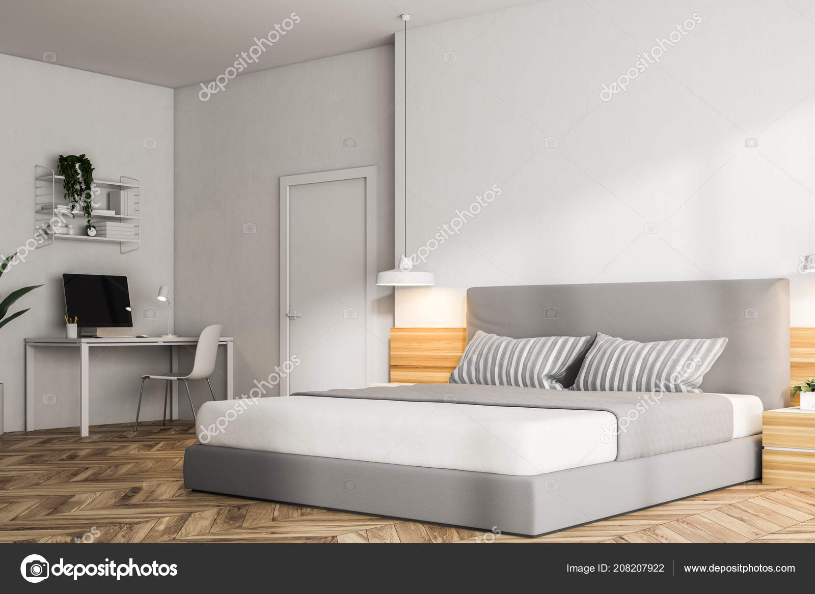 Corner Modern Bedroom White Walls Wooden Floor Double Bed