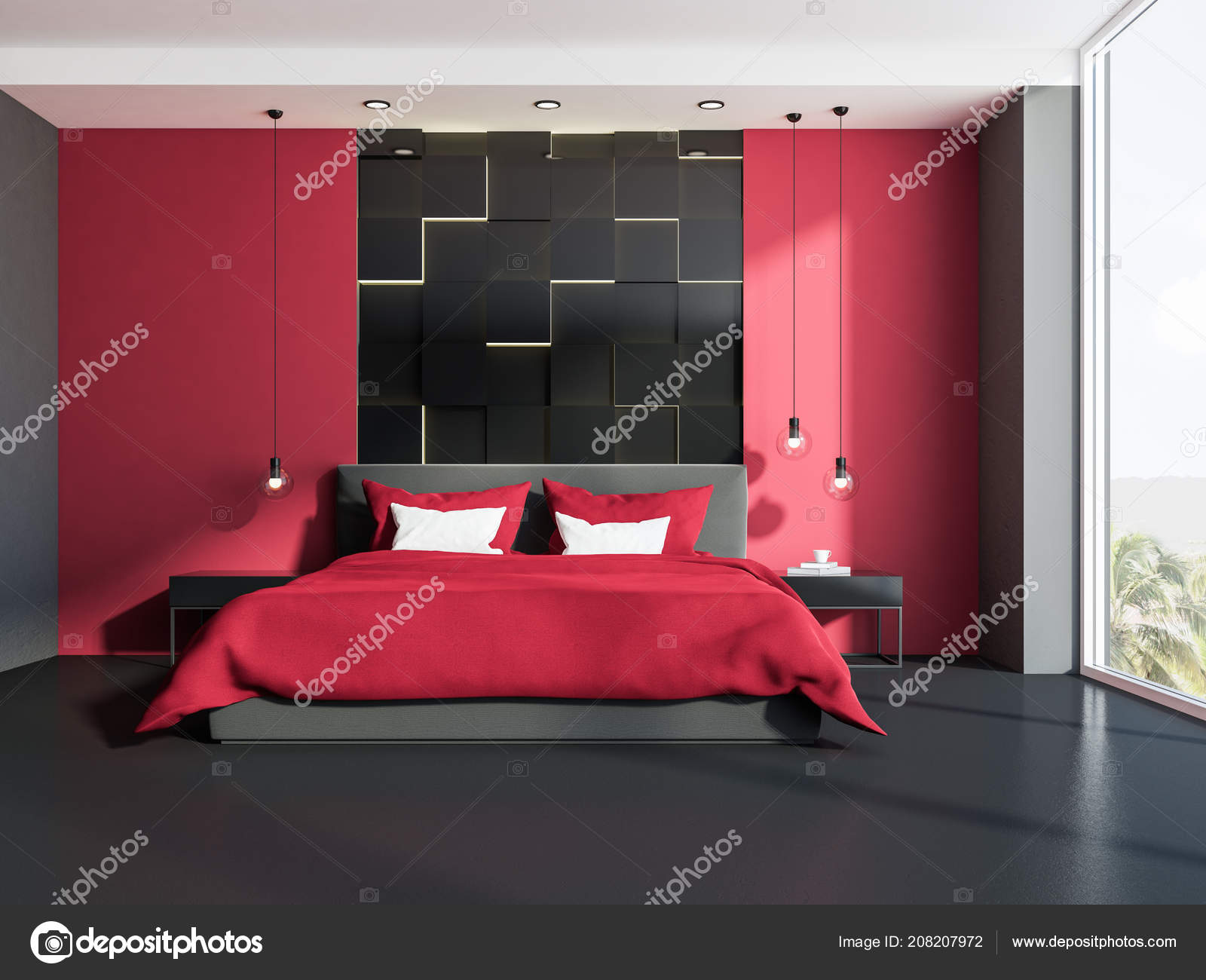Stylish Bedroom Interior Red Walls Gray Floor Panoramic Windows Red — Stock  Photo © denisismagilov #208207972, image size:1600x1300