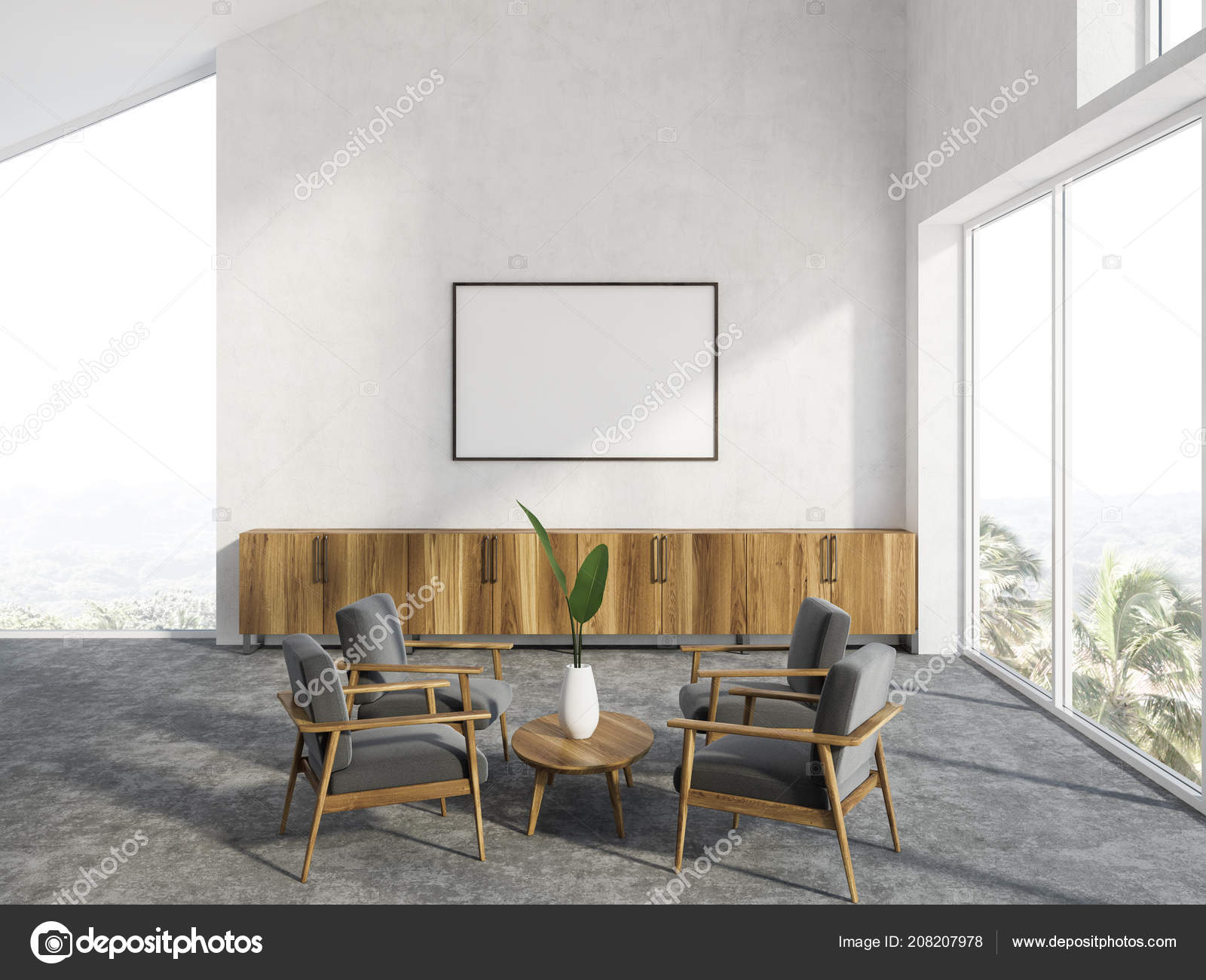 Living Room Interior White Walls Concrete Floor Panoramic