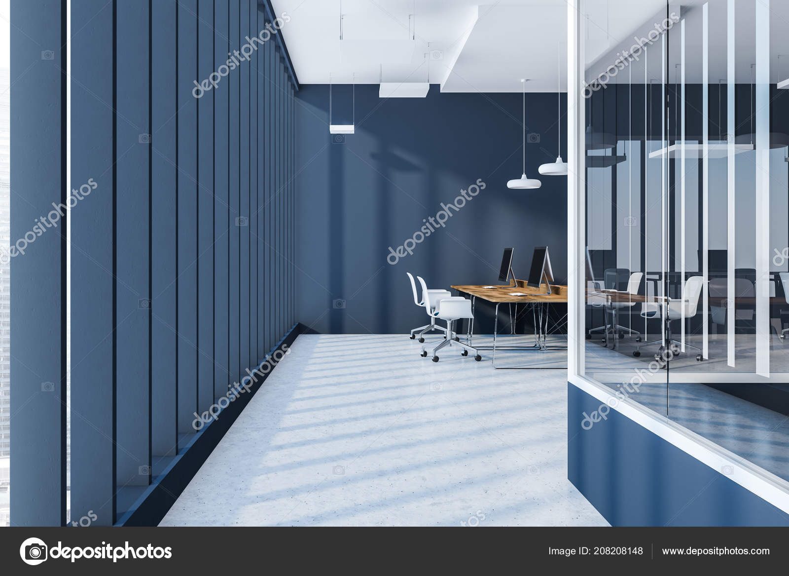 Open Space Office Interior Dark Blue Walls Concrete Floor