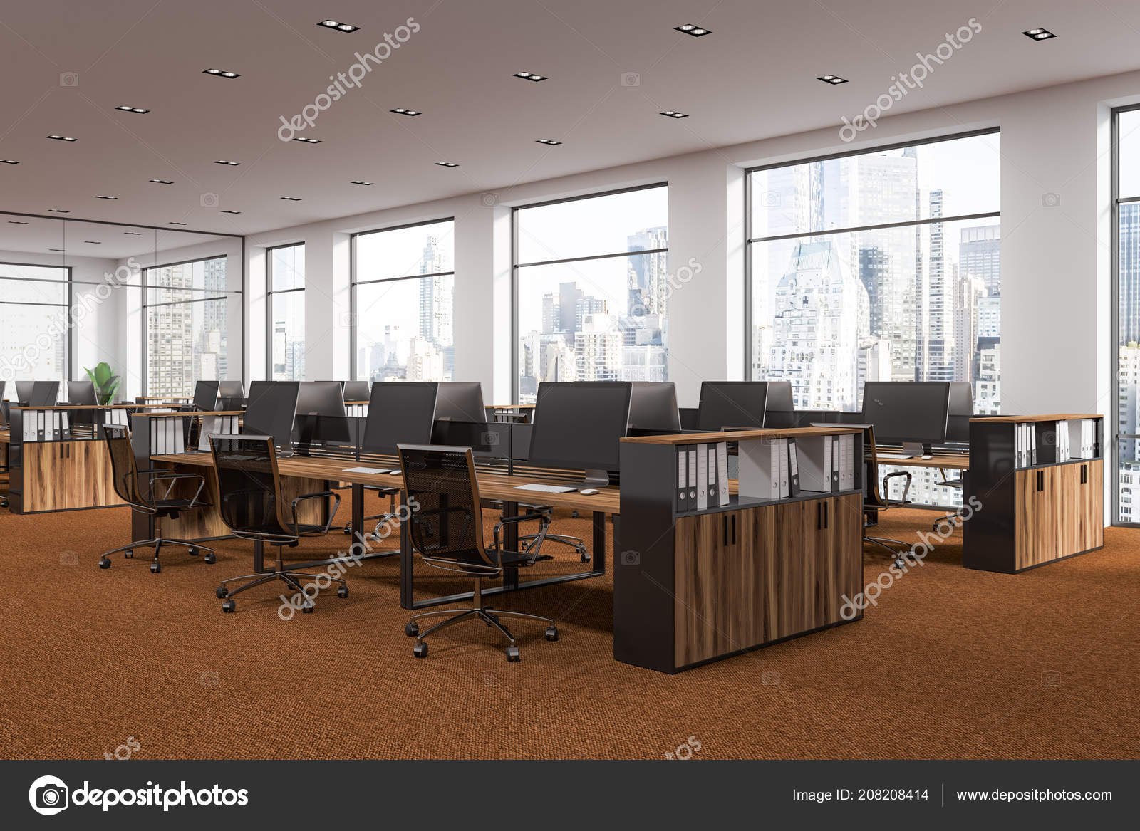 Startup Office Corner Brown Carpet Rows Wooden Computer