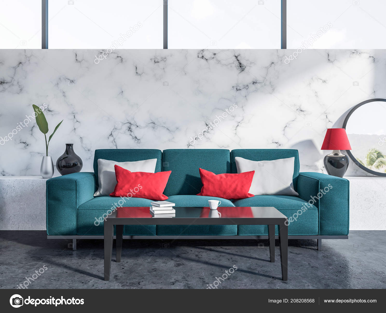 Modern Living Room Interior White Marble Walls Concrete