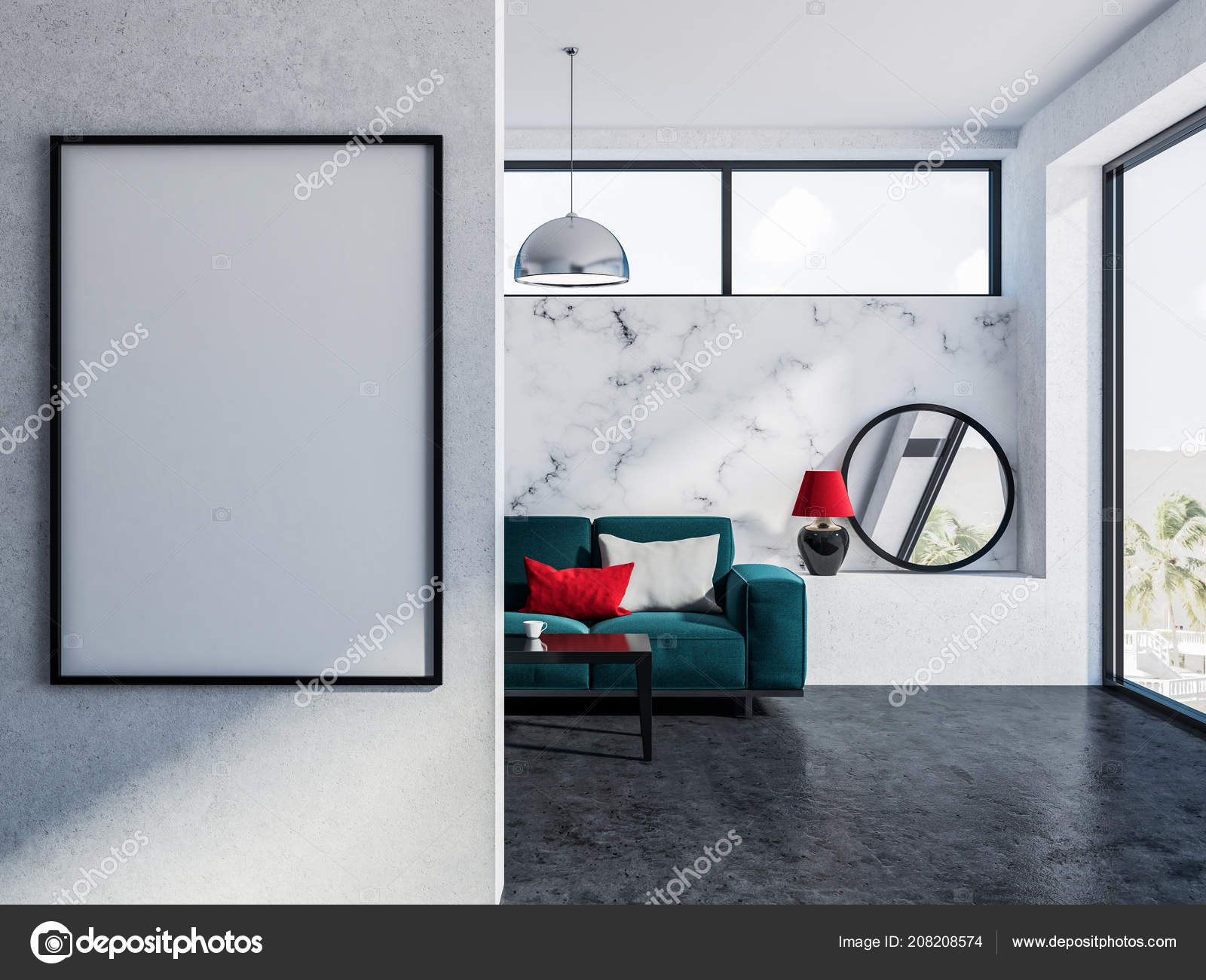 Modern Living Room Interior White Marble Walls Concrete