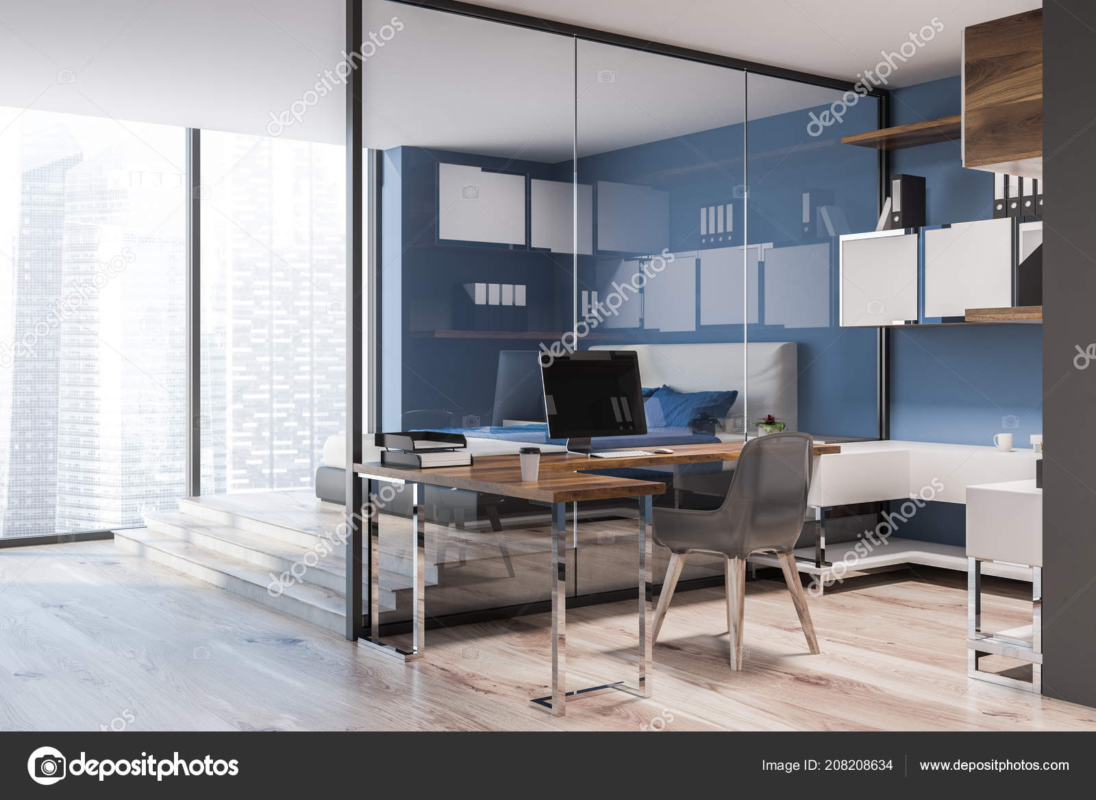 Compact Home Office Interior Dark Blue Wooden Walls Computer Desk