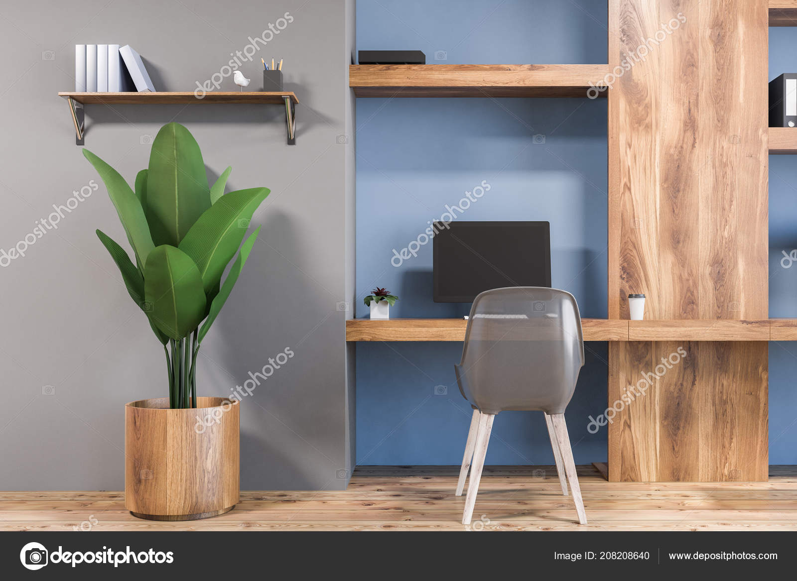 Elegante Interior Oficina Casa Con Paredes Color Azul Oscuro Madera — Foto  de stock #208208640 © denisismagilov, image size:1600x1167