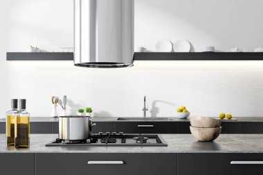 Gri mutfak tezgahından bir tencere, tencere ve bir beyaz mutfak iç şişelerde. Uzun bir raf arka planda plakalı. 3D render alay