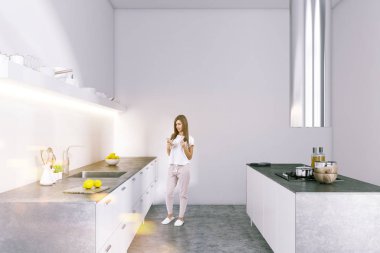 Beyaz duvarları, gri bir zemin ve beyaz mutfak tezgahı ile modern mutfak iç kadında. Yan görünümü. 3D render sahte tonlu görüntü