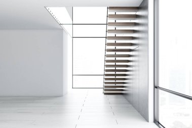 Beyaz duvarları, beyaz bir ahşap zemin, çatı windows ve bir merdiven ile boş odası iç. İç tasarım ve dekorasyon iş ve yaşam için bina kavramı. 3D render alay