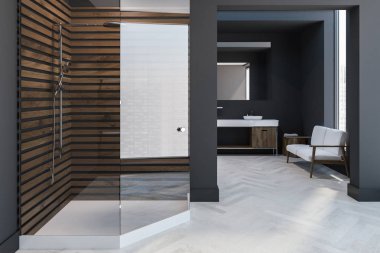 İskandinav tarzı banyo iç Gri duvarlar, beyaz bir ahşap zemin, bir lavabo ve bir kanepe üzerinde büyük bir ayna ile. Cam kapı duş. 3D render alay