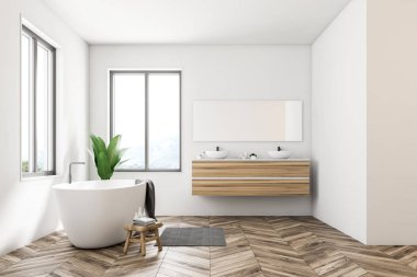 Beyaz duvarları, bir ahşap zemin, geniş pencereler ve bir beyaz küvet duran bir çift lavabo yanındaki İskandinav banyo iç yan görünüm. 3D render alay