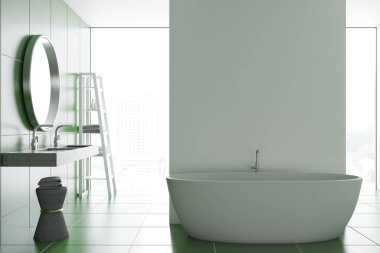 Güzel bir beyaz küvet, çift lavabo ve bir yuvarlak ayna ile beyaz ve yeşil Karo banyo iç önden görünümü. 3D render alay