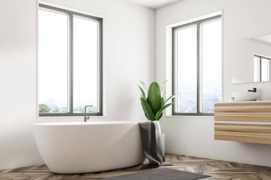 Beyaz duvarları, bir ahşap zemin, geniş pencereler ve bir beyaz küvet duran bir Lavabonun yanındaki İskandinav banyo köşesinde. 3D render alay