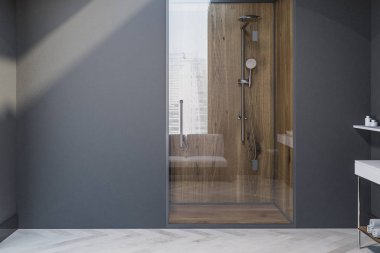 İskandinav banyo iç Gri duvarlar, beyaz bir ahşap zemin, cam kapı duş beyaz duvarlı ve duvar parçası kadar sahte. 3D render alay